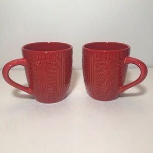 Royal Norfolk Cable Knit Embossed Set/2 16 Oz Coffee Mugs Winter Holiday In Red